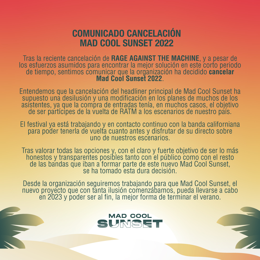 Mad Cool Sunset cancela y se queda con los gastos de gestión (8,90 euros) Sunset